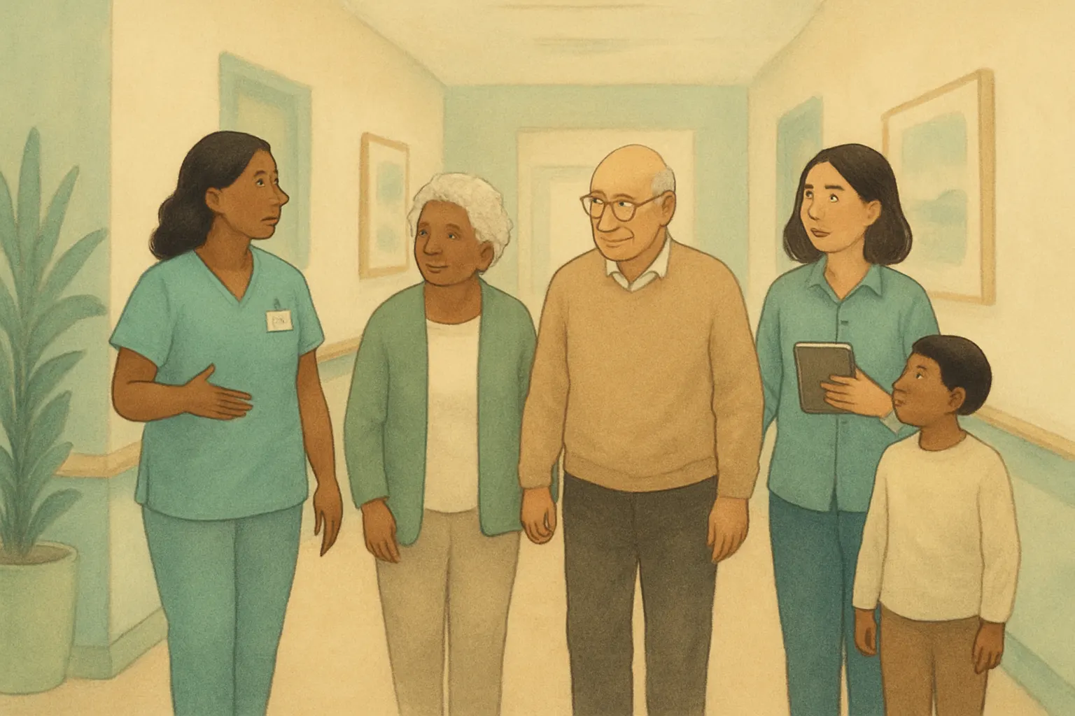 A family touring a nursing home and taking notes