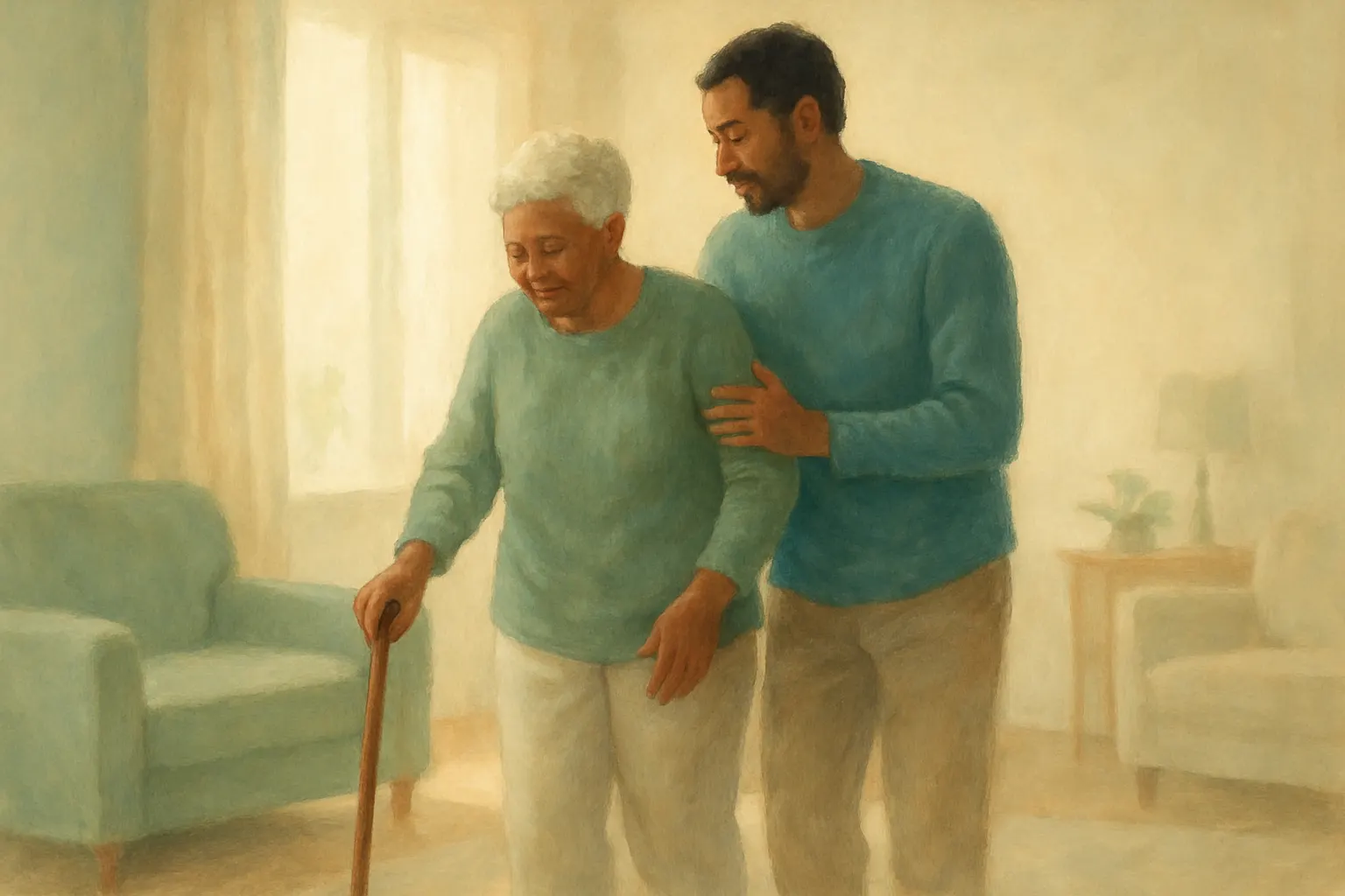 An adult child gently supporting an aging parent at home